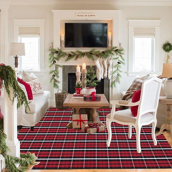 Buffalo Plaid Outdoor Rug 4' x 6' Christmas Door Mat Christmas Decor Welcome Rug Cotton Hand-Woven Layered Door Mats for Front Porch, Kitchen, Farmhouse, Entryway
