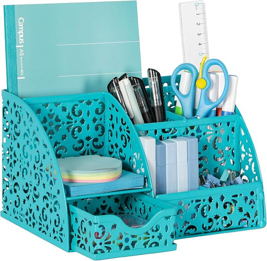 EasyPAG Pen Holder Desk Organizer with Drawer Pencil Cup for Desk 6 Compartments Metal Office Caddy Storage with Sticky Notes Holder for School Home Office, Dark Teal