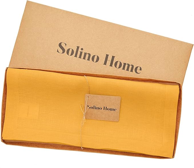 Solino Home Linen Table Runner 48 Inches - 100% Pure Linen Tangerine Yellow Table Runner 14 x 48 Inch Ideal for Dresser and Coffee Tables - Fete