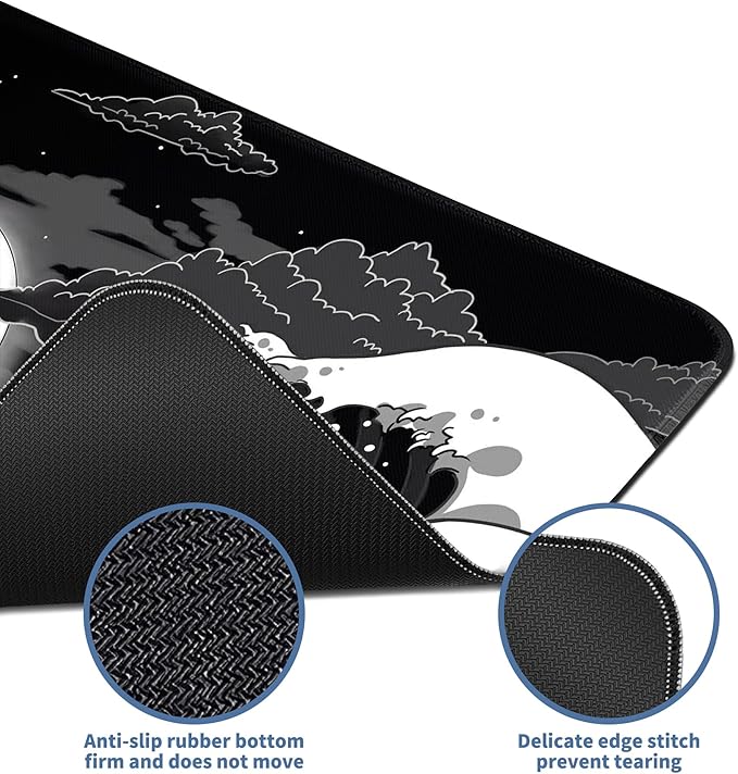 Wave Sea Dragon Gaming Mouse Pad Large Desk Mat Extended Black Keyboard Mouse Pad Gaming Mousepad with Non-Slip Base Stitched Edge Anime Mouse Mat Desk Pad 31.5 X 11.8 Mouse Pads for Desk Home Office