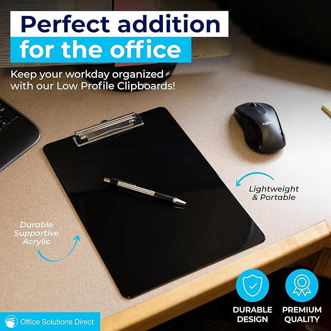 Black Plastic Clipboards (Set of 6) Multipack - 12.5x9 Inch Clipboard Holds 100 Sheets, Low Profile | Colored Acrylic Clip Boards in Bulk for Kids & Professionals