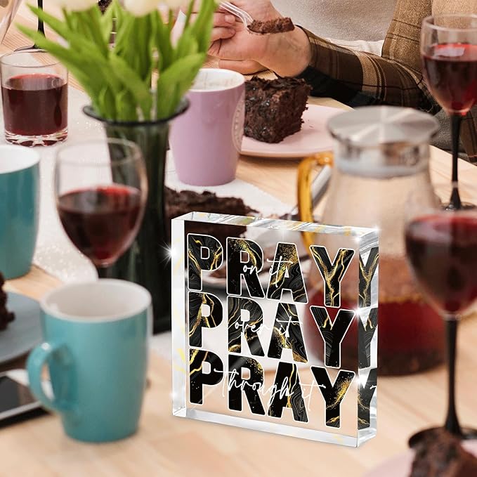 Black Gold Desk Decorations for Office, Ideal Christian Gifts for Women - Pray On It,Pray Over It - Bible Verse Desk Art, Inspirational Decor, Dorm Room Decor for Women, 4 x 4 inches(Black Gold)