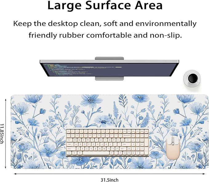 31.5”x11.8”Large Gaming Mouse Pad for Desk, Mouse Mat with Seamed Edges, Waterproof Desk Pad, Non-Slip Rubber Base, Keyboard Pad Computer Mat, Big XL Mousepad- Blue and White Flower