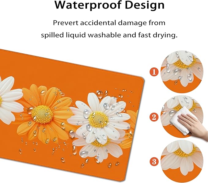 31.5”x11.8”Large Gaming Mouse Pad for Desk, Mouse Mat with Seamed Edges, Waterproof Desk Pad, Non-Slip Rubber Base, Keyboard Pad Computer Mat, Big XL Mousepad-Daisy on Orange