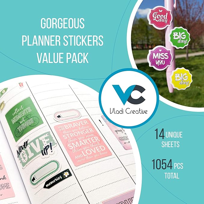 Vladi Creative Cute Colorful Planner Stickers – 1054 pcs / 15 Sheets – Functional & Decorative Icons, Dates, Weather, Flags – Writable Tabs for Bullet Journals, Calendars – Planner Accessories