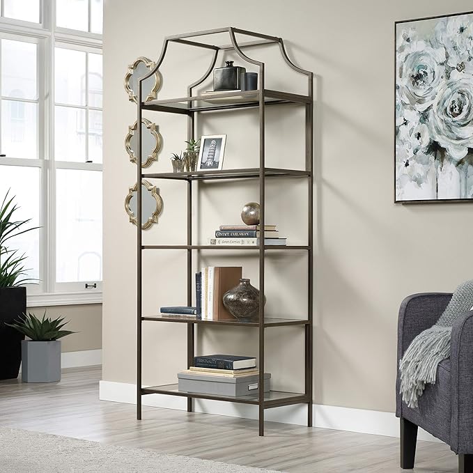 Sauder International Lux Book Shelf 5 Tier Modern Metal Multipurpose Bookcase with Glass Shelving, in a Bronze Finish