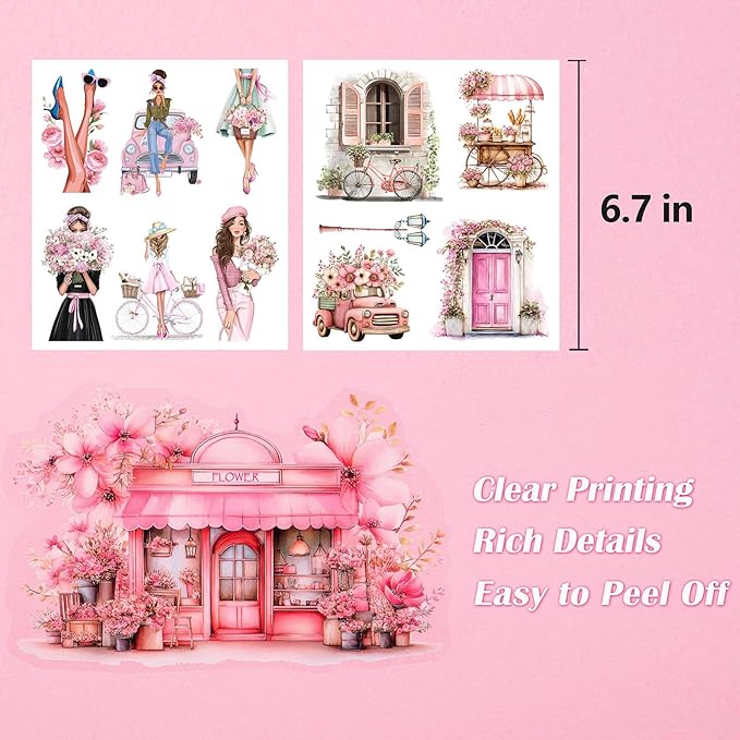 Paris Journaling Sticker Set, 18 Sheets PET Junk Journal Stickers, Pink French Theme Scrapbook Supplies, Transparent Watercolor Scrapbooking Materials, People Women Arts Craft