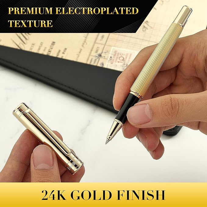 BEILUNER Lighthouse Series Rollerball Pen, 24K Gold Finish Pen Body, Exquisite Vertical Lines, Schneider 850 Refill, Nice Pen Gift Set for Men & Women, Office, Executive and Fancy Designer Pens (Gold)