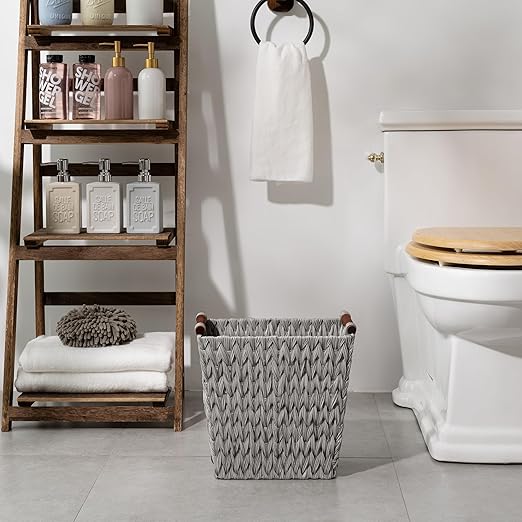 GRANNY SAYS Woven Waste Basket, Gray Wicker Basket with Wood Handles, Wicker Waste Basket for Bathroom Living Room, 1-Pack, 13" x 7 ½" x 12 ½"