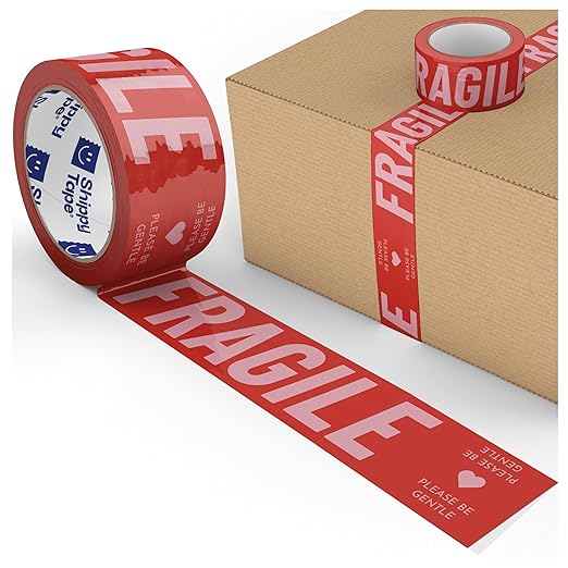 Fragile Packing Tape, Please Be Gentle, Red Pink Cute Designer Packaging and Shipping Tape for Small Business - Printed Tape for Moving, 1.88" x 110 Yards (330 feet)