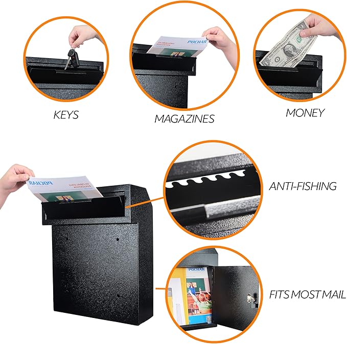 Through The Door Mail Drop Box - 1.2mm Steel Payment Dropbox - Door Mount Theft Proof Mailbox - Locking Deposit Drop Box for Night Key, Deposit, Cash, and Rent (Black)