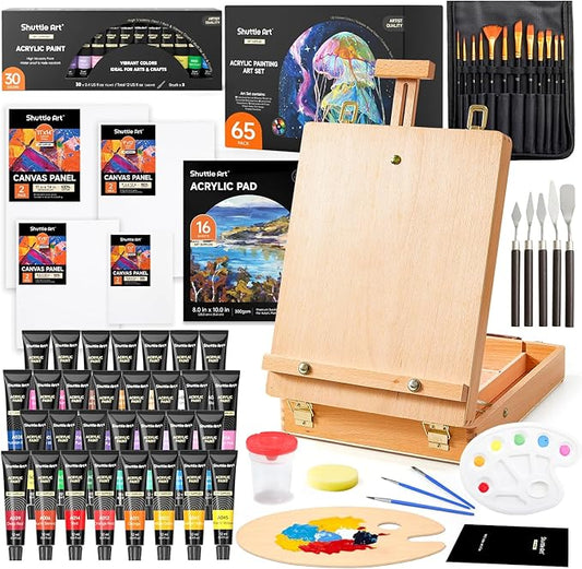 65 Pack Acrylic Paint Set, Shuttle Art Acrylic Painting Set with Wooden Easel, 30 Colors Acrylic Paint, Painting Canvas, Paint Brushes, Palettes, Art Painting Supplies for Kids Adults Beginner Artists