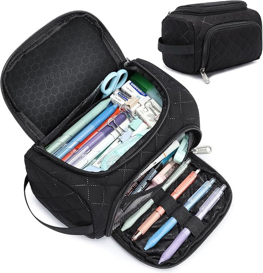 XQXA Extra Large Capacity Pencil Case Organizer, Multifunctional Pencil Pouch with Compartmens, Travel Simple Stationery Bag, Nylon Pencil Bag for Adults (Black Quilted)