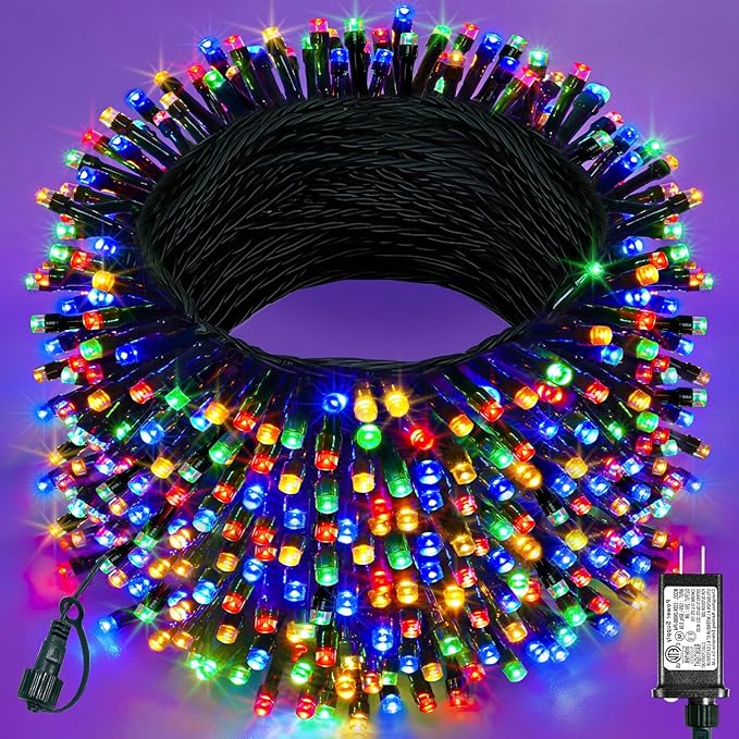 197FT 600 LED Christmas Lights Outdoor, Plug in Christmas Tree Lights 8 Modes, Waterproof Green Wire String Twinkle Lights for Indoor Classroom Garden Patio Party Holiday Decorations, Multicolor