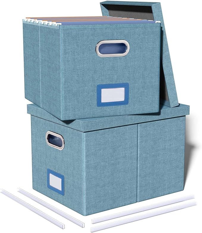 2 Pack File Storage Organizer, Filing Box, Portable File Box with Lid, Fit for Letter/Legal File Folder Storage, Document Organizer, Dark-blue