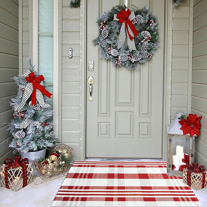 Christmas Door Mat Outdoor 27.5” x 43” Red and White Plaid Rug Christmas Decor Rug Cotton Hand-Woven Layered Door Mats Washable Carpet for Front Porch, Kitchen, Farmhouse, Entryway (27.5” x 43”)
