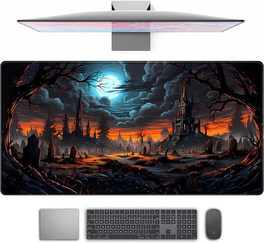 Dark Fantasy Castle Desk Pad Extended Gaming Mouse Pad, XXL Large Computer Laptop Keyboard Wireless Mouse Mat, Office Desk Decor Mousepad Deskmat with Stitched Edges Matt 31.5x15.7 in