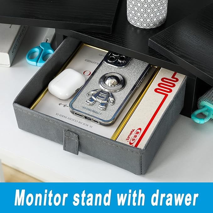 TEAMIX Dual Monitor Stand Riser with Drawer - Length and Angle Adjustable Double Monitor Riser Corner Desk Shelf Organizer 37 inch Long Monitor Riser for 2 Monitors/Laptop/PC/Screen/TV