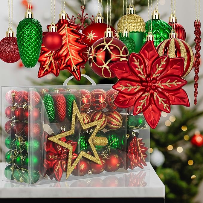 LARAINE Christmas Balls Ornaments 106 Pcs Decorations for Christmas Tree, Shatterproof Hanging Ball Variety Gift Set of Holiday Party Wedding Decoration (Red&Green)