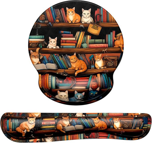 Dapesuom Keyboard Wrist Rest and Mouse Pad with Wrist Support, Cute Memory Foam Cushion for Keyboard and Mouse Set, Ergonomic Pad Rests with Non Slip Base for Easy Typing & Pain Relief, Library Cats