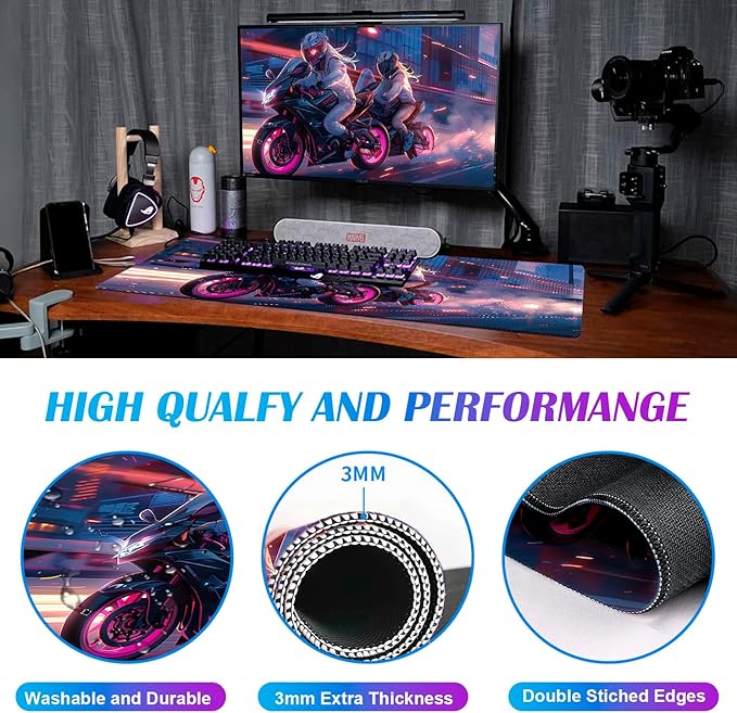 Anime Knight Motorcycle Mouse Pad Large Cool Sports Car Office Men's and Women's Desktop Pad, Super Large Motorcycle Computer Game Mouse Pad 35.4 x 15.7 Inches