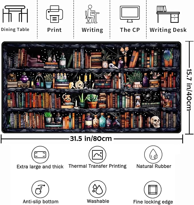Desk Mat Forest Library Book Mouse Pad Big Desk Pad XXL Extended Gaming Large Mouse Pad for Desk Rubber Base Mousepad with Stitched Edges, Keyboard Mouse Mat for Work Game Office Home 31.5x15.7 in