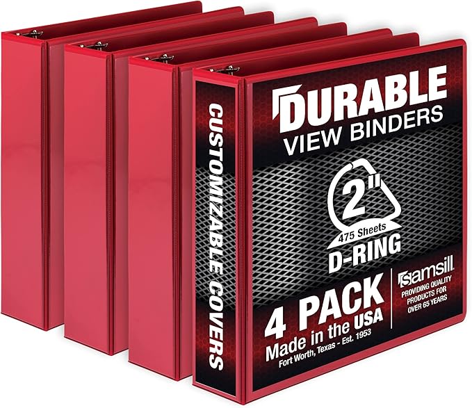 Samsill Durable 2 inch 3 Ring Binder, Made in USA, D Ring Binder, FSC 100% Recycled Chipboard, Red, 4 Pack