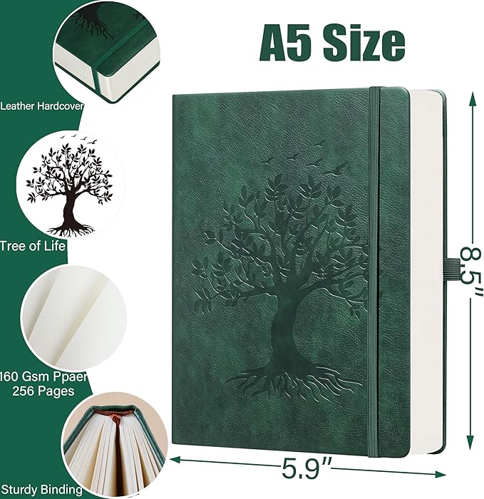 ZXHQ A5 Bullet Dotted Journal Notebook - 150 gsm Thick Paper, 256 Pages, Dot Grid Hardcover, Tree of Life Design, Fine Inner Pocket - 5.9" × 8.5" Dark Green