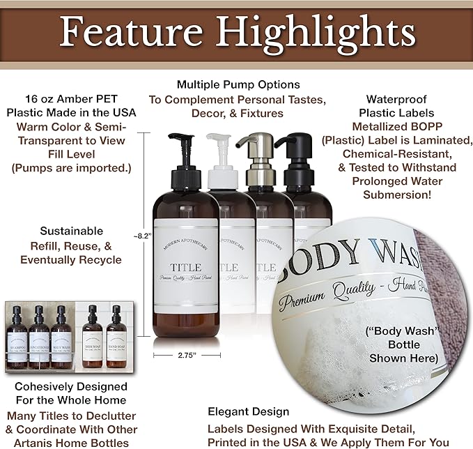 Amber PET Plastic Refillable Hand Sanitizer Pump Bottle Dispenser with Black Plastic Pump, 16 oz with Waterproof Label, Empty Reusable Container for Home, Kitchen, Bathroom, Office, Business