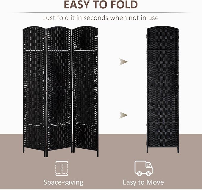 HOMCOM Room Divider, 3 Panel Folding Privacy Screen, 6FT Tall Portable Wicker Weave Partition Wall Divider for Bedroom, Home Office, Black