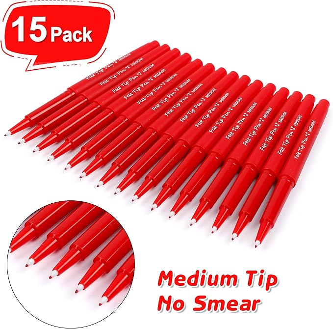 Lelix Felt Tip Pens, 15 Red Pack, 0.7mm Medium Point, Felt Tip Markers Pens for Journaling, Writing, Note Taking, Planner, Perfect for School Office and Art Supplies