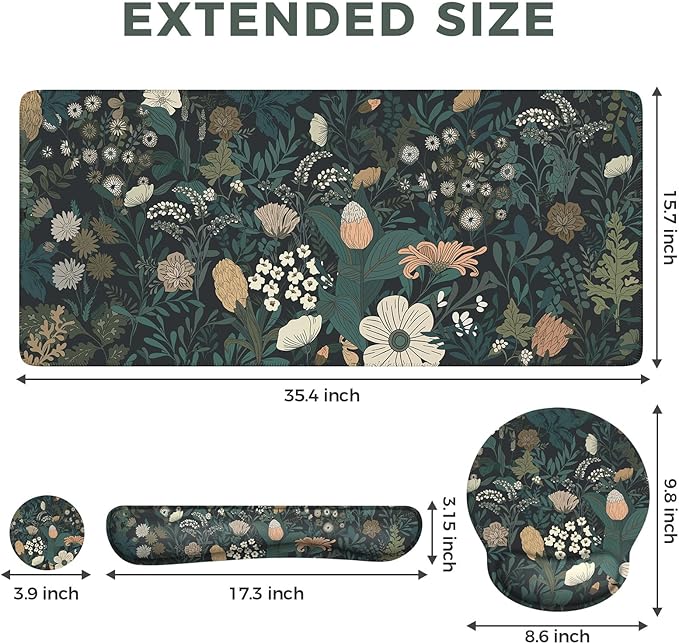 iCasso Desk Cover Mat, 4in1 Floral Large Mouse Pad with Wrist Rest, Desk Matt for Desktop, Anti-Slip XXL Big Computer Ergonomic Mousepad with Wrist Support for Keyboard and Mouse (Weeds)