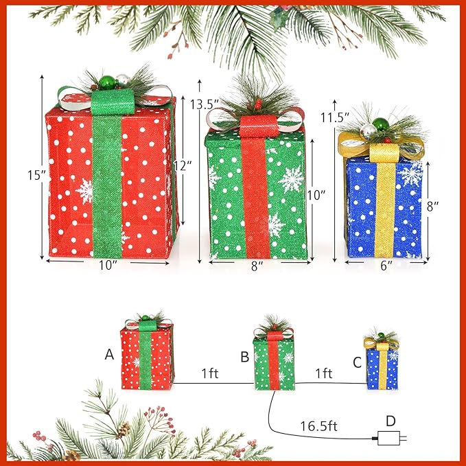 Tangkula Set of 3 Lighted Boxes Decoration, Lighted Present Boxes Set with Exquisite Boxes, Indoor Outdoor Christmas Decoration with 52 Pre-lit LED Lights for Yard Lawn Porch