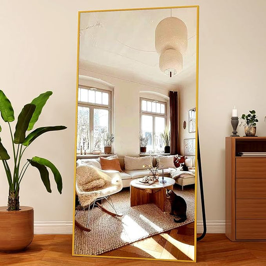 Extra Large 71"x30" Full Length Mirror - Standing, Hanging, or Leaning Rectangle Mirror for Wall or Floor - Wall-Mounted Full Body Dressing Mirrors with Aluminum Alloy Frame for Living Room - Gold