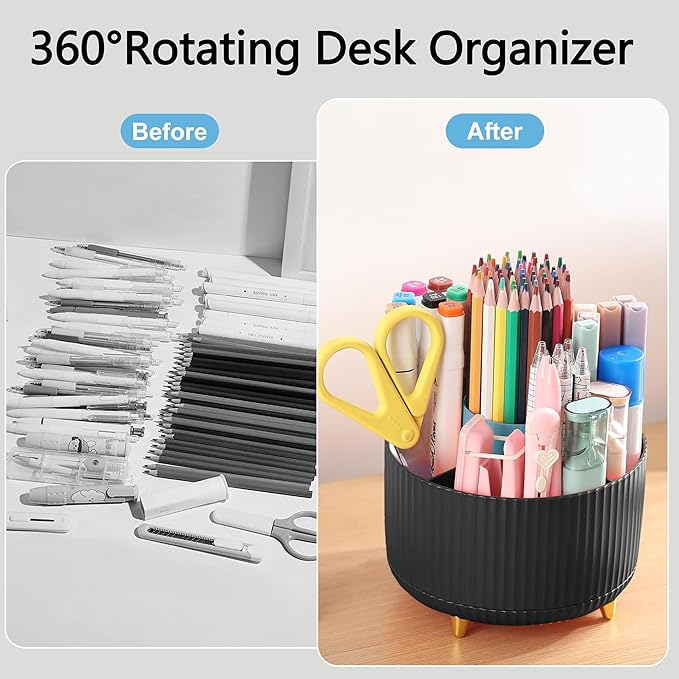 Office Desk Accessories, Black Office Supplies 360°Pen Holder Desk Organizers And Accessories with Tape Dispenser, Stapler, Staple Remover, 1000 Staples, Tape, Clips Set, Ruler, Scissor, Pen