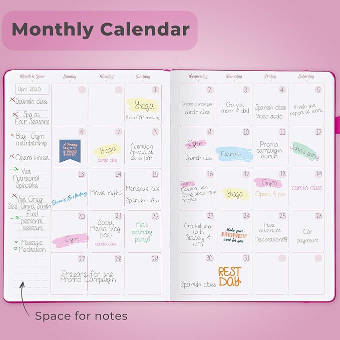GoGirl Planner Agenda – Colorful Undated Monthly & Weekly Organizer for Women, Journal for Time Management & Productivity (Hot Pink)
