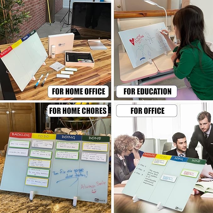 Double Sided Desktop WhiteBoard Kanban Set with Stand.18 x11,Dry Erase Glass Board, 24 Reusable Task Cards, 6 Markers, Accessories. Portable Project Management Planning Productivity WhiteBoard Kit