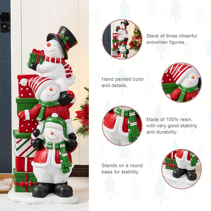 Glitzhome Christmas Front Porch Decor, Resin Stacked Snowman Xmas Porch Sign Decoration for Indoor Outdoor Patio Standing Decor, 35.25" H