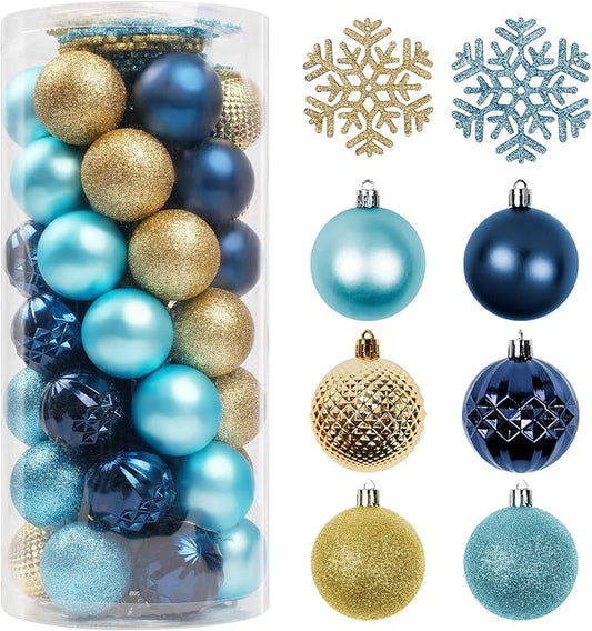Christmas Tree Decorations Ornament Set, 60ct 2.36 Inches Blue and Gold Shatterproof Christmas Ball Ornaments, Hanging Ball for Xmas Holiday Wedding Party Decor