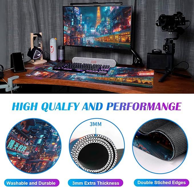 Japanese Anime Retro City Night Scene Mouse Pad, Non Slip Base and Stitched Edge Design, Suitable for Office and Home Desktops, Size 35.4 x 15.7 Inches