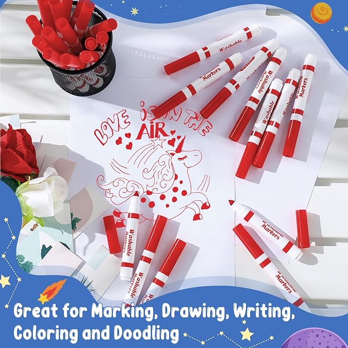 Janlaugh 60 Pcs Red Washable Markers Bulk Coloring Broad Line Markers for Kids Conical Tip Red Drawing Pens for Classroom Back to School Travel Art Baby Shower Gender Reveal Supplies, Ages 6+