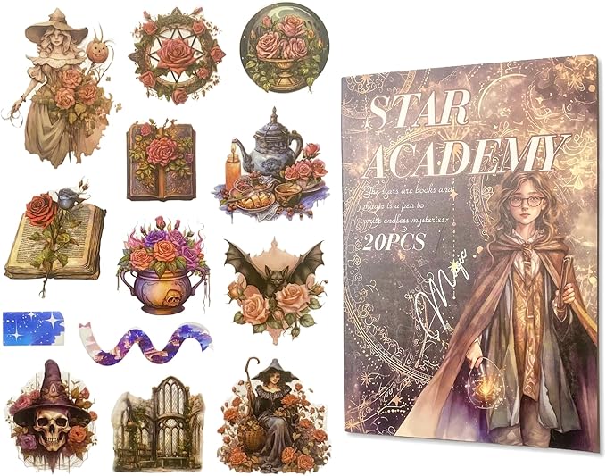 TIAMECH Star Academy Magic Sticker Book - 20 Sheets PET & Washi Stickers for Scrapbooking, Ephemera, Waterproof Junk Journaling Supplies & DIY Crafts (Size 10.5 x 7.1in)