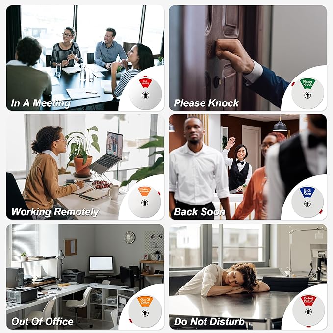 Office Door Signs, Do Not Disturb, In a Meeting, Working Remotely, Out of Office, Back Soon, Please Knock, 6 Options Privacy Wheel Sign, Business Status Indicator For Work, 6 inch Sliver 5PK