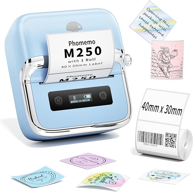 Phomemo M250 Label Maker, 3" Thermal Barcode & Address Printer - Portable Label Maker for Business, Home & Logos, Sticker Printer Compatible with Phones & PCs, with 100 Labels, 40x30mm