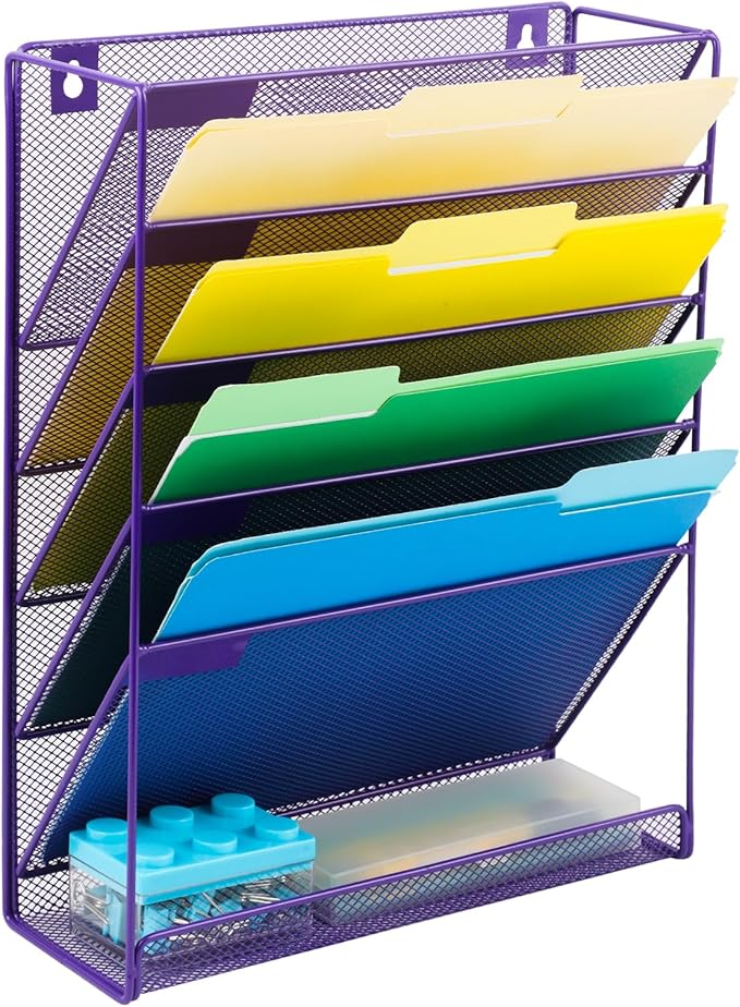 EASEPRES Desk File Organizer Mesh 6-Tier, Hanging Wall Mount Document Organization Stand, Desktop Vertical Mail Paper Folder Holder Rack with Bottom Tray for Office Home Cubicle Countertop, Purple