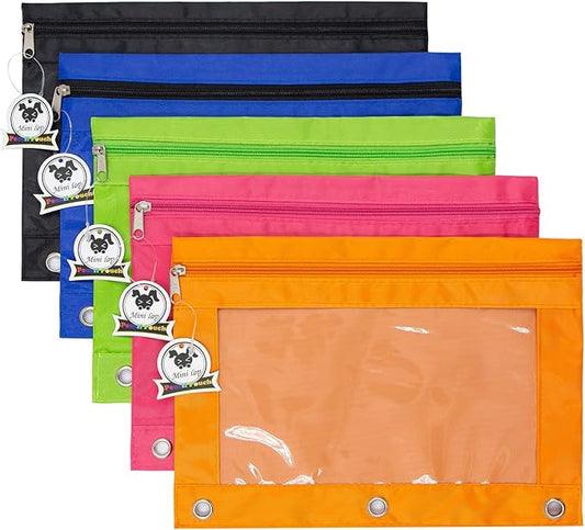 3 Ring Binder Pencil Pouches, Pencil Pouch for 3 Ring Binder, Zippered Clear Window Pencil Case for Binder with Rivet Enforced Hole 3 Ring, 5 Packs
