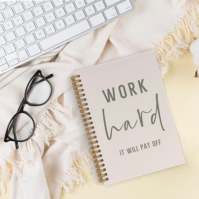 QLMX Work Hard Motivational Spiral Notebook, Inspirational Journal Notebook, Beige Motivational Gifts Notebooks for Work, Inspirational Office Supplies Gifts for Women Men Coworkers Employee, 5.5x8.3