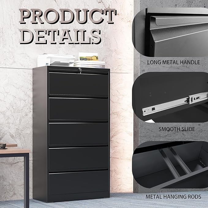 5 Drawer Lateral File Cabinet with Lock, Metal File Cabinet, Lateral File Cabinets for Home Office, Heavy Duty File Storage Cabinet for Legal/Letter/A4 Document, Assembly Required, Black