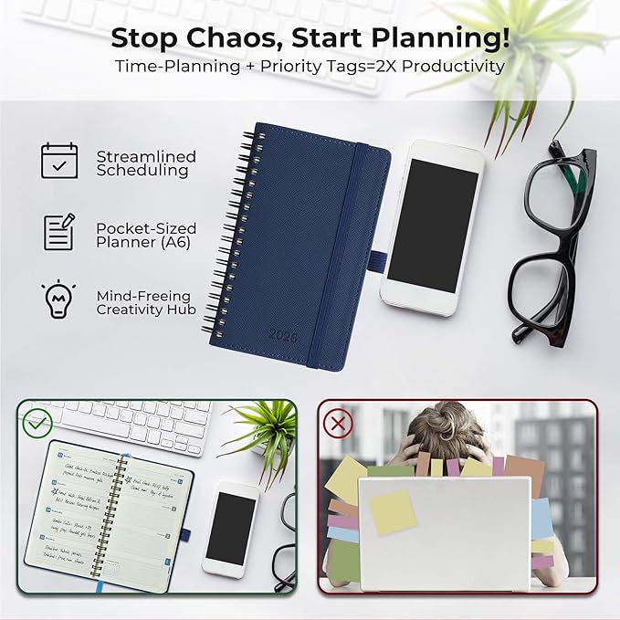 Planner 2026 Daily Weekly and Monthly,6.5"x3.75",12 Months Spiral Bound Calendar Agenda with Self-adhesive Pen Holder,2026 Appointment Book with Vegan Leather Soft Cover,Blue