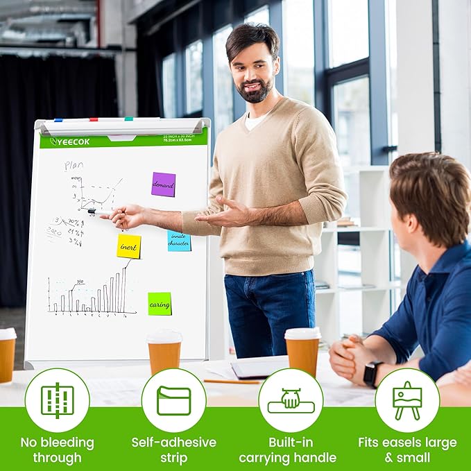 Sticky Easel Pad 25 in x 30 in, 30 Sheets/Pad, 8 Pads/Pack, Sticky Flip Chart Paper for Teachers, Super Sticking Power & Bleed-Resistant